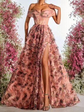 Multicolor Elegant Women's Off-Shoulder High Slit A-Line Maxi Dress